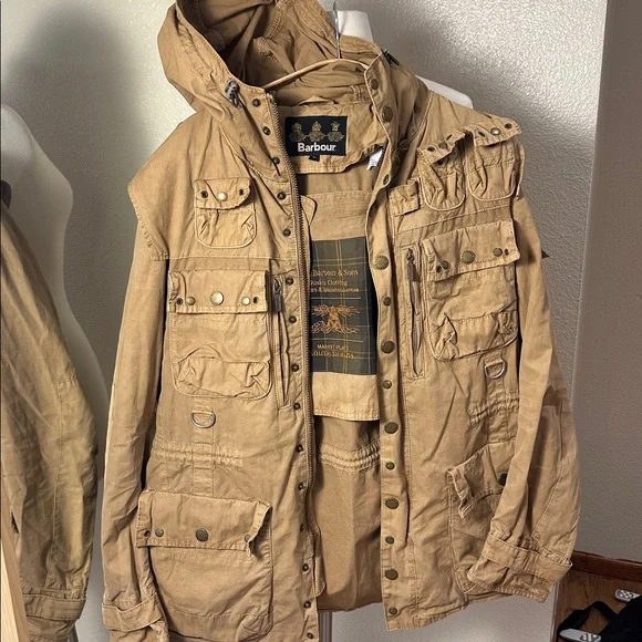 Barbour Weathered Canvas Jacket Mens M Field Military Khaki Zip Button Coat - Picture 1 of 10